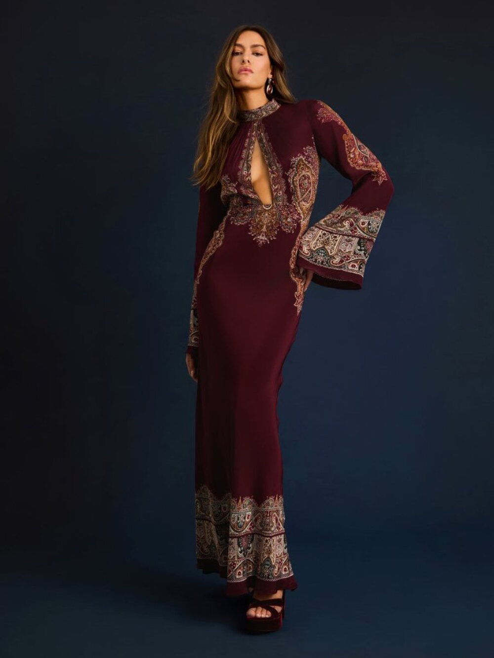 HEMANT AND NANDITA Long Dress in Burgundy red floral long sleeve maxi gown - Picture 2 of 8